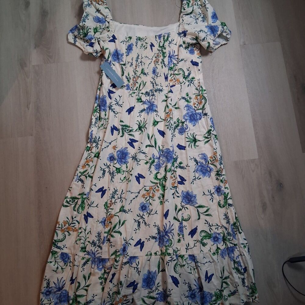 London Times Smocked Midi Dress Womens Cream Blue Butterfly Cottagecore NWT